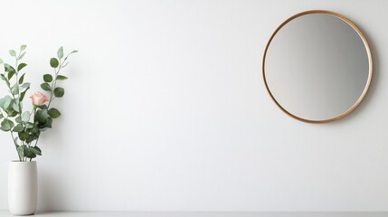 Poster - A round mirror with a thin metallic frame hangs on a minimalist white wall, complemented by a tall ceramic vase holding fragrant eucalyptus and a delicate pink rose, adding elegance to the space