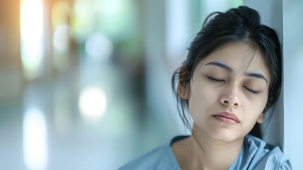 Tired woman with dark hair on blurry hospital background