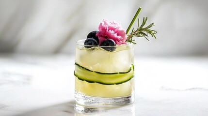 Poster -  A refreshing drink with cucumber, blueberries, and a blooming flower in a clear glass on a pristine white countertop