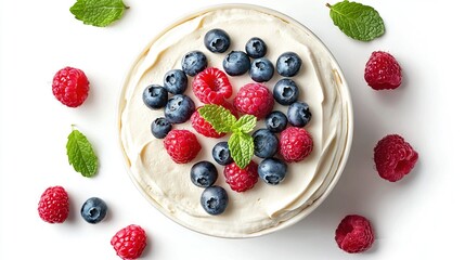 Wall Mural -   A photo of a close-up cake with berries and mint on a white table, also featuring blueberries and raspberries