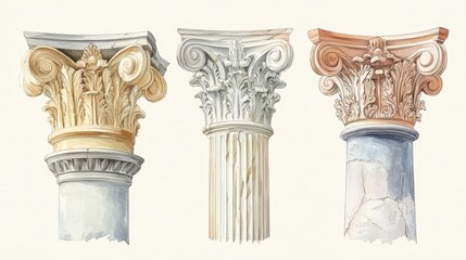 Wall Mural - posters depict marble or gypsum capitals, showcasing greek and roman architecture. hand-drawn illust