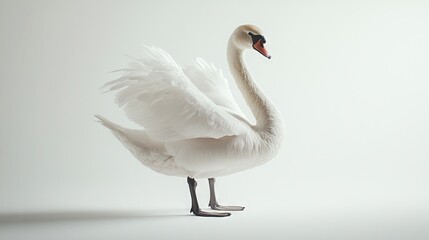 Poster -   A snow-white swan gracefully stands on two legs, wings unfurled, and tilted head to the side