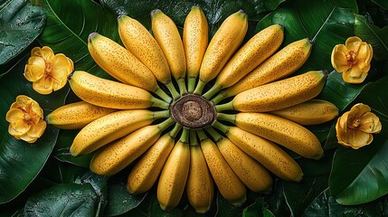 Poster -   A lush green leaf covered ground is home to a vibrant cluster of yellow flowers and a bounty of ripe bananas