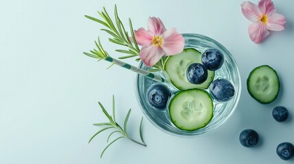 Wall Mural -   A glass bowl holds cucumbers, blueberries, and blueberries on a white table