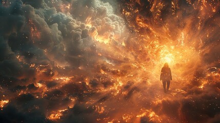 Wall Mural - A Figure Walking Towards a Glowing Portal in a Sky of Fire and Clouds