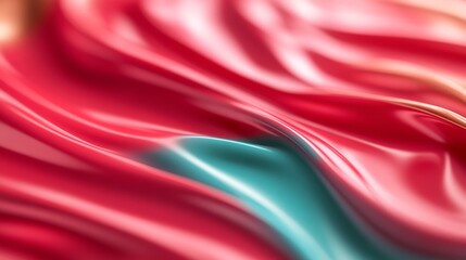 Poster - This artwork features a captivating blend of swirling red and turquoise liquids with golden accents, creating smooth curves and a surreal quality. Copy space is available on the right