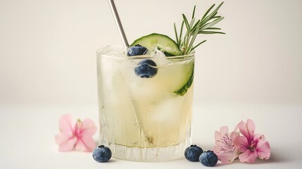 Canvas Print -   Blueberry, cucumber & Rosemary Garnish - Glass with Straw