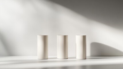 Poster - Three varying heights of white pedestals are arranged on a bright surface, creating a clean and minimalist aesthetic perfect for presenting products or designs