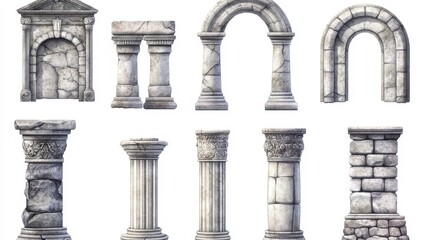 Wall Mural - realistic set of stone columns and arches design elements isolated on white background for ancient a
