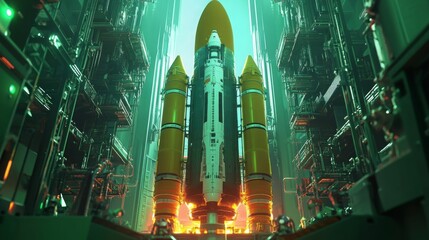 Aufkleber - A highly advanced rocket stands poised for launch within a sleek, cutting-edge facility, illuminated by vibrant green lights