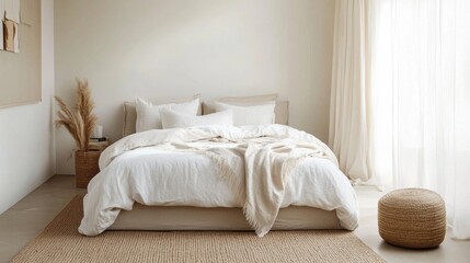 Aufkleber - The room showcases a stylish bed with white linens and decorative pillows, complemented by a textured rug and natural plants
