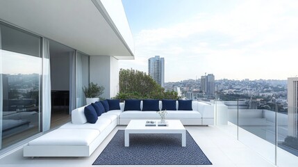 Poster - A modern outdoor lounge area features a white sectional sofa adorned with navy blue cushions, paired with a minimalist coffee table. The stunning city skyline is visible in bright daylight.