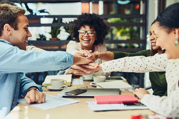Aufkleber - Business people, coffee shop and hands stack in meeting, team planning and communication at cafe. Employees, restaurant and huddle for collaboration in pile, brainstorming and proposal development