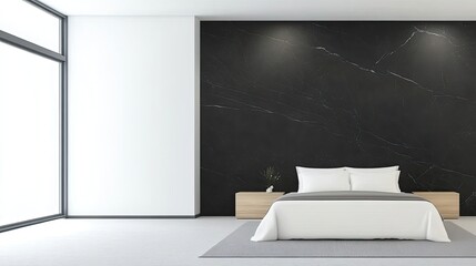 Wall Mural - This modern bedroom showcases elegant design elements, including a black marble wall and a cozy grey bed. Natural light pours in through expansive windows, enhancing the tranquil atmosphere