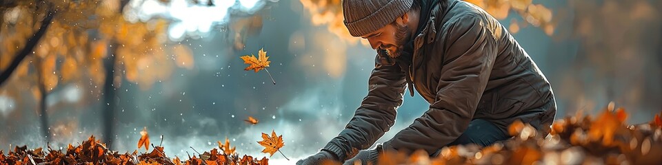 a man cleans autumn leaves. Selective focus