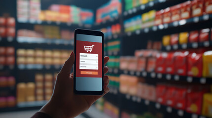 A customer taps the order button on their phone, and a virtual receipt appears on the screen. The phone displays a  shopping app, showing rows of products. This 3D design represents online shopping.