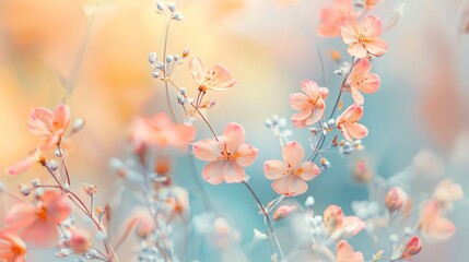 Canvas Print -   A close-up of pink flowers against a blue and yellow background with a blurry sky in the background