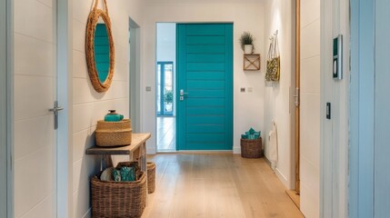 Poster - This inviting entryway features a vibrant turquoise door and stylish natural decor, including woven baskets and a mirror. The wooden floors add warmth, creating a cozy and modern atmosphere.