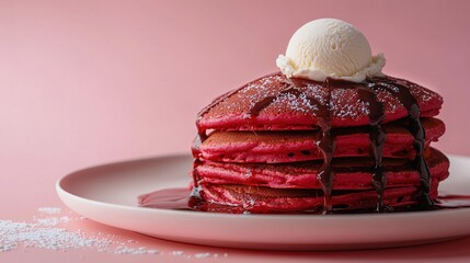 Sticker -   A white plate holds red velvet pancakes drenched in chocolate syrup and served with a scoop of ice cream