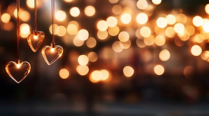 Poster - Delicate heart-shaped ornaments dangle gracefully from a string, illuminated by a blurred backdrop of warm yellow lights that create a romantic atmosphere for any celebration