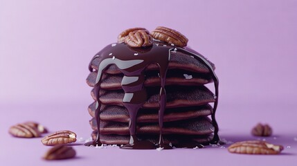 Wall Mural -  A tower of chocolate-coated donuts adorned with a drizzle of icing and a scattering of walnuts