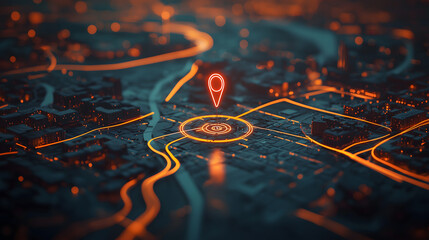 With digital GPS location on the map and pin route path concept