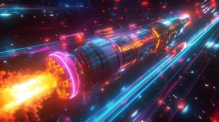 Fototapete - A sleek, futuristic spaceship with glowing neon accents shoots through space, leaving a blazing trail of orange and red fire