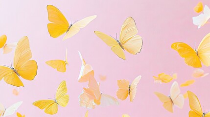 Canvas Print -   Yellow and white butterflies soaring in pink sky; single yellow and white in foreground