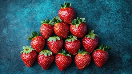 Wall Mural -   A triangular arrangement of strawberries on a blue surface, with green leaves atop each strawberry