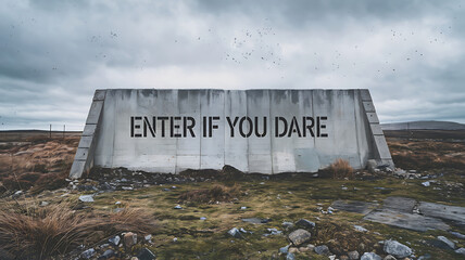 A concrete wall with a bold black message, 