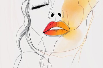 The image shows a stylized drawing of a woman's face with a red lip and orange hair.