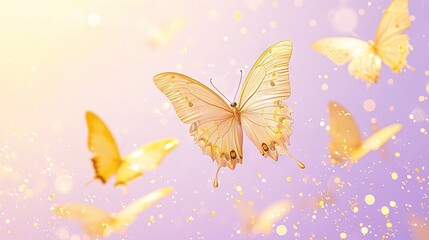 Sticker -   Yellow butterflies flying against purple-yellow backdrop with blue sky