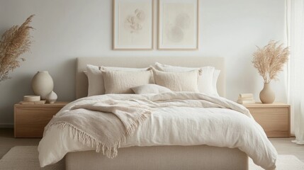 Poster - A made bed with a white duvet, beige throw blanket, and pillows is in a bright bedroom with wood nightstands
