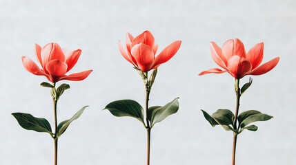 Wall Mural -   Three red flowers with green leaves in front of a light blue sky with a few clouds in the background