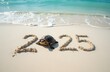 © ilyaska - Sea turtle walking on beach near 2025 written in sand