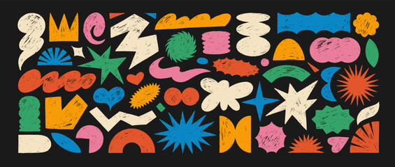 Leinwandbilder - Funky abstract crayon drawn doodle shapes. Geometric sticker elements, colorful vector doodle figures.