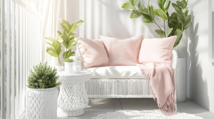 Poster - A charming sitting area features a white wicker sofa adorned with soft pink cushions and a matching throw. Lively greenery in pots enhances the inviting atmosphere, perfect for relaxation.
