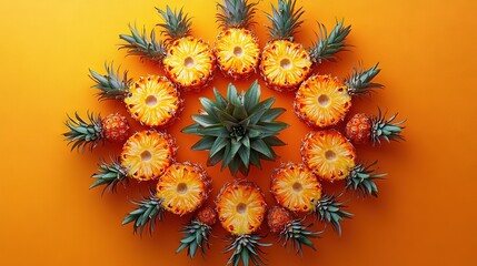 Poster -   Pineapples arranged in a circle on a yellow-orange background with one in the center