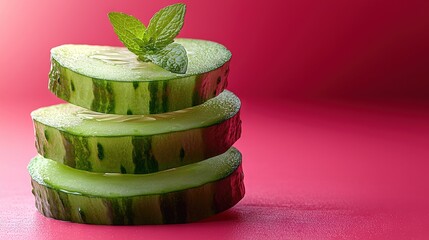 Wall Mural -  A cucumber stack with mint on pink background