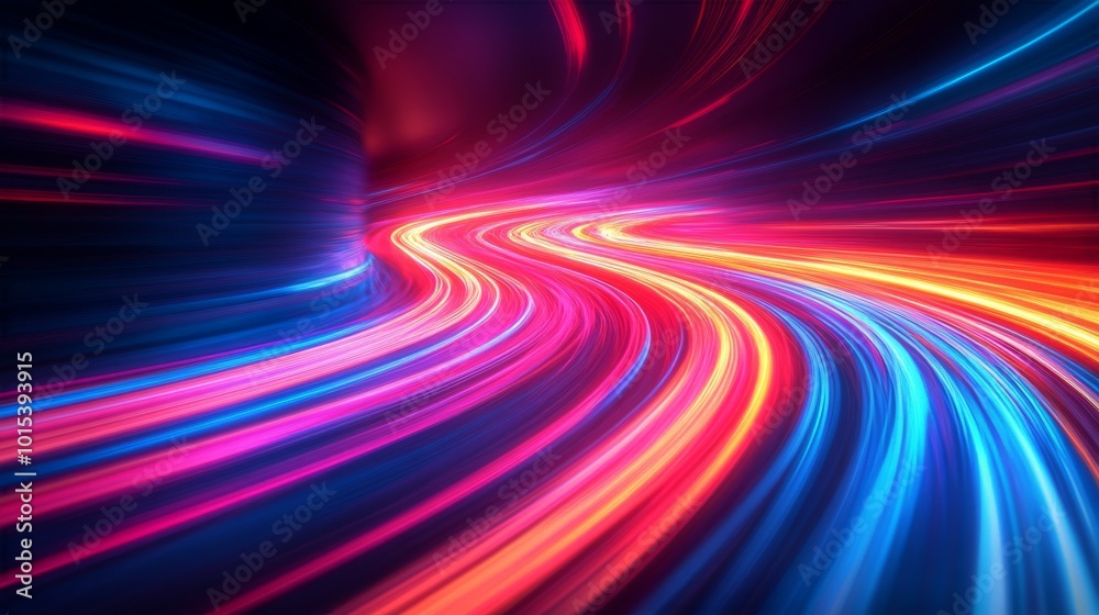 Bright neon light trails curve through a dark space, creating a dynamic ...