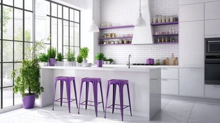 Poster - This modern kitchen features sleek white cabinetry and countertops, complemented by purple bar stools and potted plants