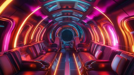 Poster - The interior of a sleek transport pod features plush seating arranged alongside glowing neon lights in vibrant hues of pink, blue, and orange. This captivating design creates a futuristic atmosphere.