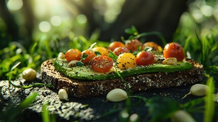 Poster -   A close-up photo of a loaf of bread surrounded by sliced tomatoes and cucumbers on a green lawn background