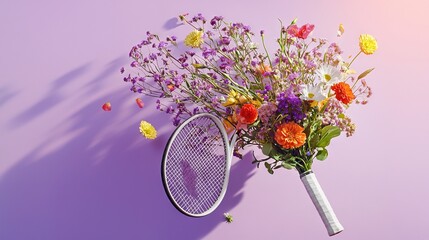 Poster -   A bouquet of flowers and a tennis racquet on a purple background, with a tennis racquet shadow