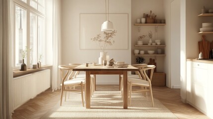 Poster - A bright dining area features a wooden table surrounded by chairs, illuminated by natural light. Shelves display minimalist decor, enhancing the warm and inviting atmosphere of the space.