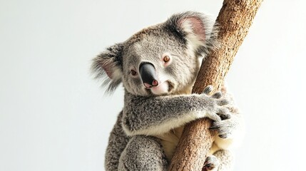 Canvas Print -   Koala on branch, head resting on tree limb, gazing into camera