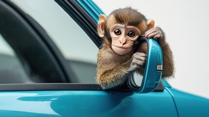 Poster -   A monkey dangles from a car window, its head also outside, and grips the steering wheel