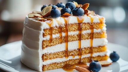 Poster -   A close-up of a slice of cake on a plate, decorated with blueberries and almonds