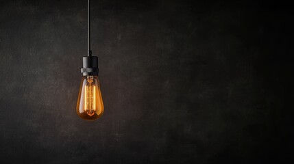 Poster - A classic incandescent light bulb hangs from a thin wire, radiating a warm orange light. The filament glows softly, creating a cozy atmosphere with a vintage charm