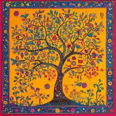 Poster - A vibrant tree showcases intricate details against a bright yellow background. This artwork features beautiful flowers and leaves. Ideal for home decor or art prints. AI